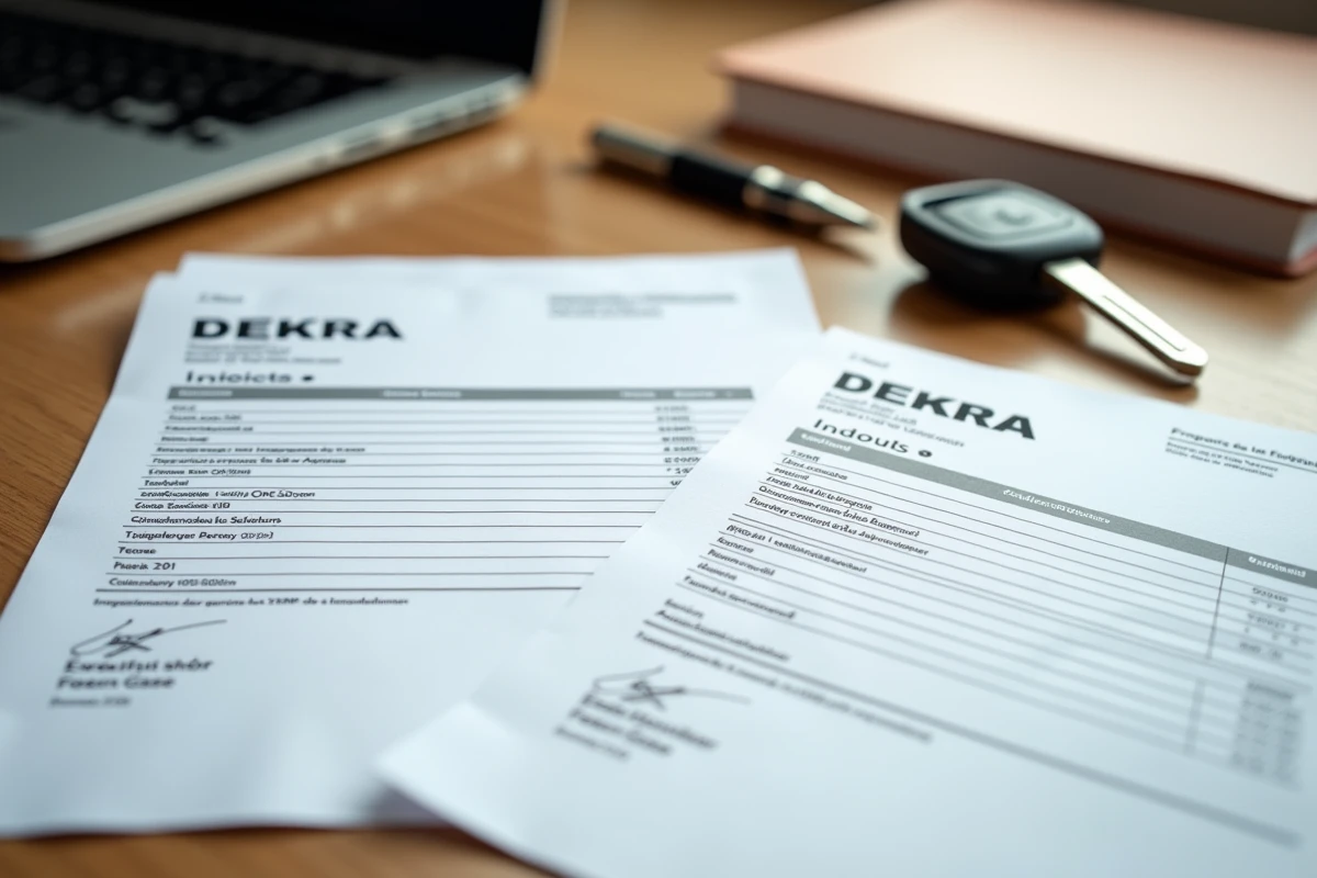 Comparaison de factures de contrôle technique entre un centre DEKRA et un garage indépendant posées sur un bureau