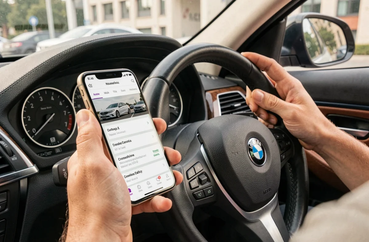 Mains d'un jeune conducteur tenant un smartphone avec comparateur d'assurance auto sur le volant d'une BMW 320d