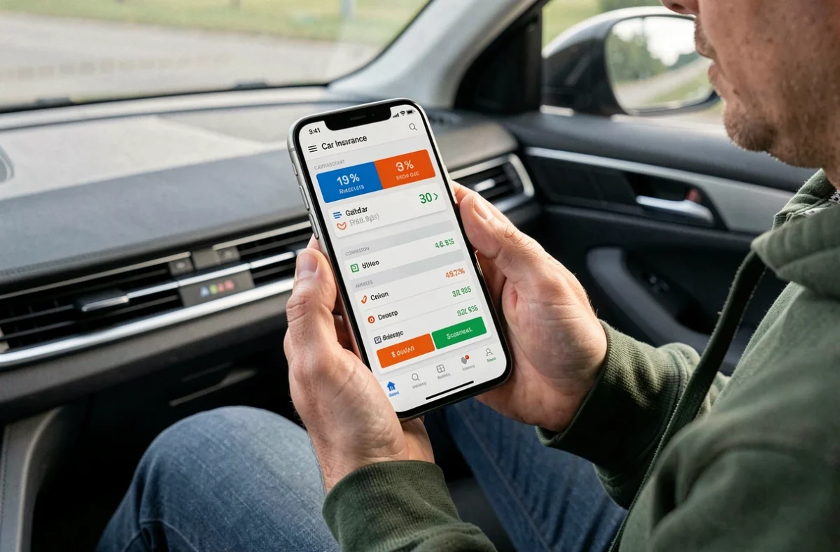 Personne consultant un comparateur de tarifs d'assurance automobile sur smartphone dans une voiture