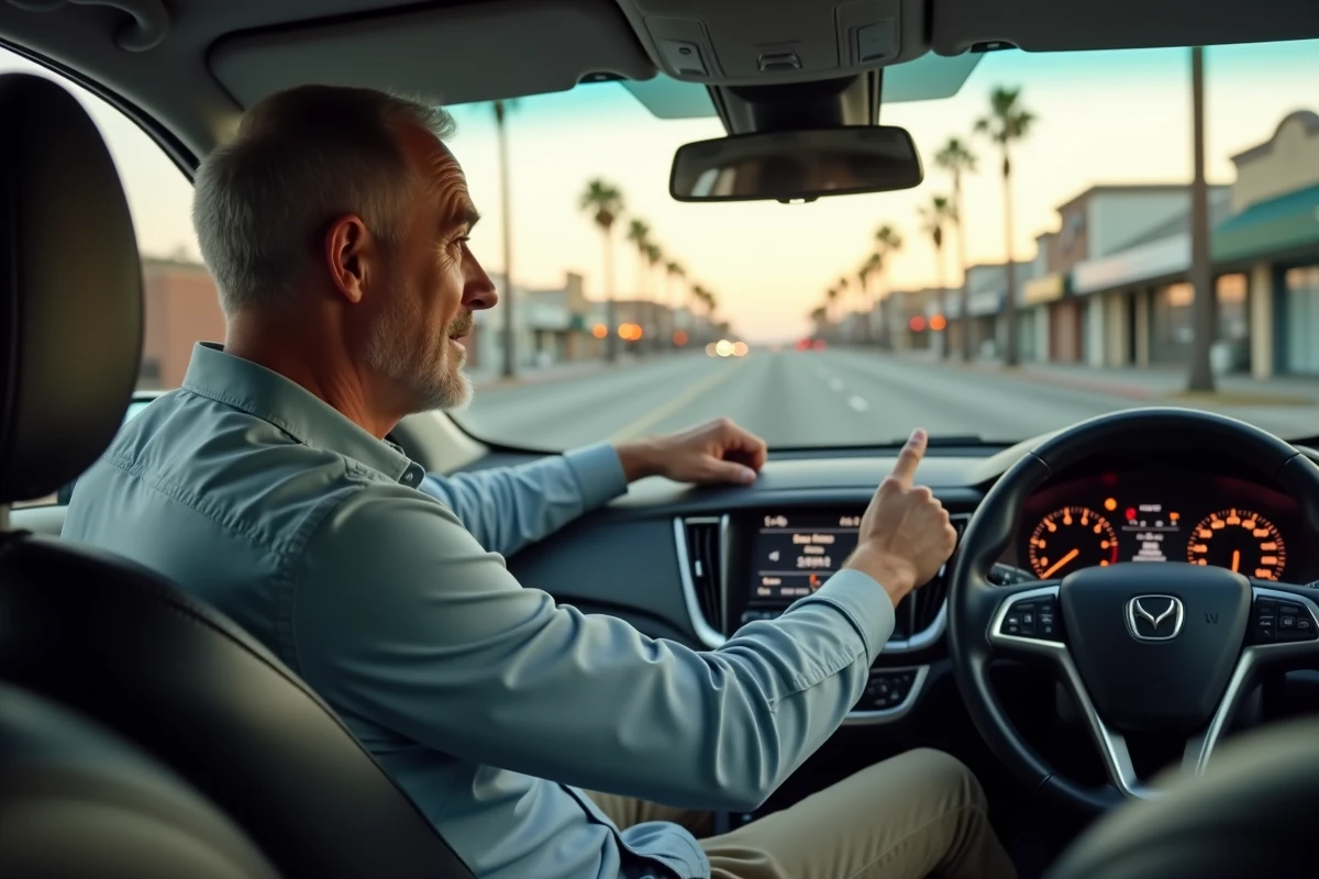 Homme examinant le compteur de vitesse en miles par heure d'une voiture de location américaine depuis le siège conducteur