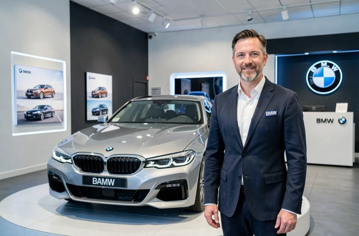 Intérieur de la concession BMW à Rezé avec un modèle récent exposé sur plateau tournant et un conseiller en blazer BMW au premier plan
