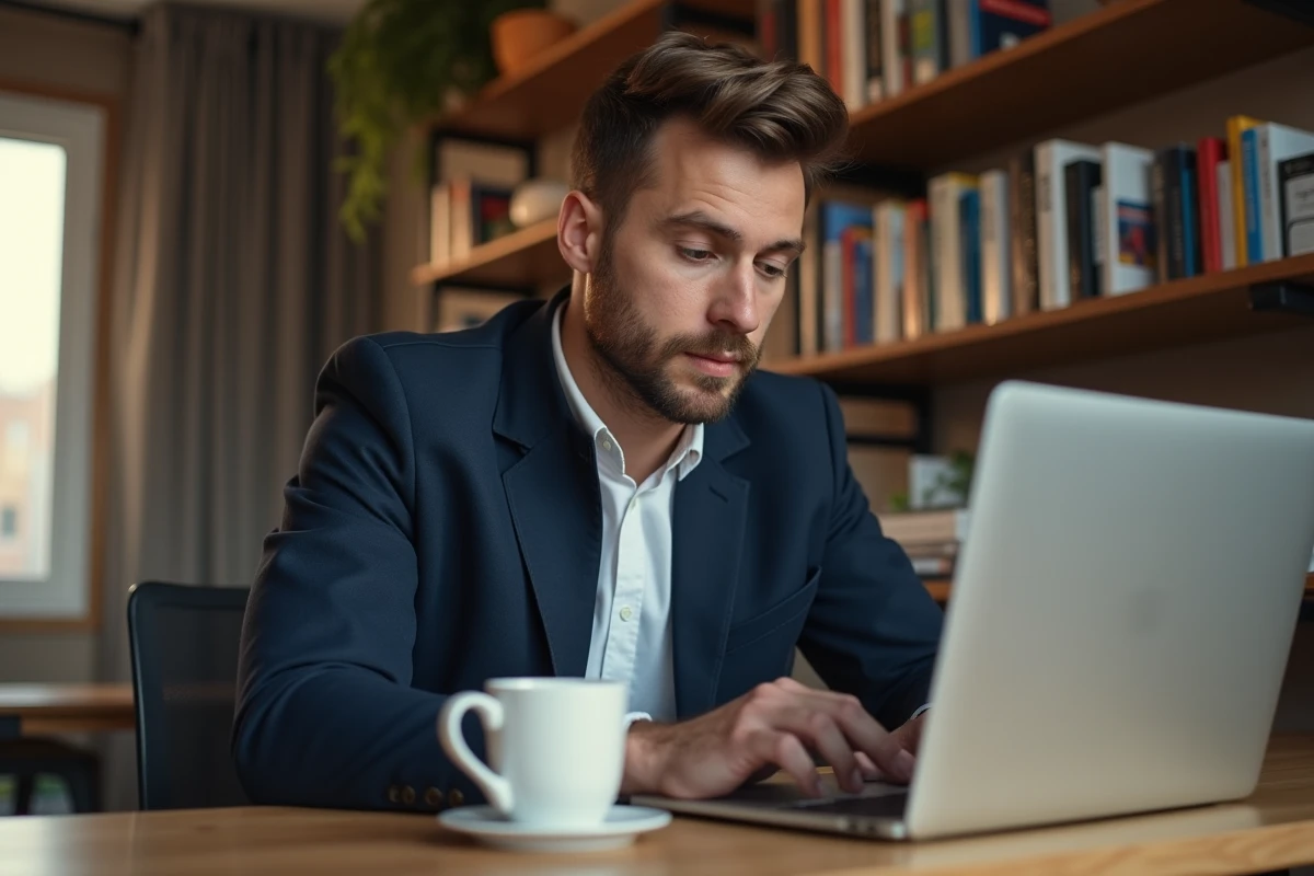 Homme consultant le site Chaquevolantcompte.fr sur son ordinateur portable depuis son bureau à domicile