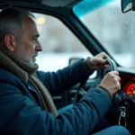 Homme d'âge moyen dans une voiture froide et gelée