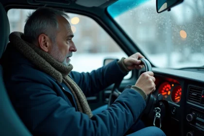 Homme d'âge moyen dans une voiture froide et gelée