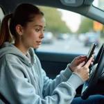 Jeune conductrice consultant une application de suivi de points de permis sur son smartphone dans sa voiture