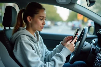 Jeune conductrice consultant une application de suivi de points de permis sur son smartphone dans sa voiture