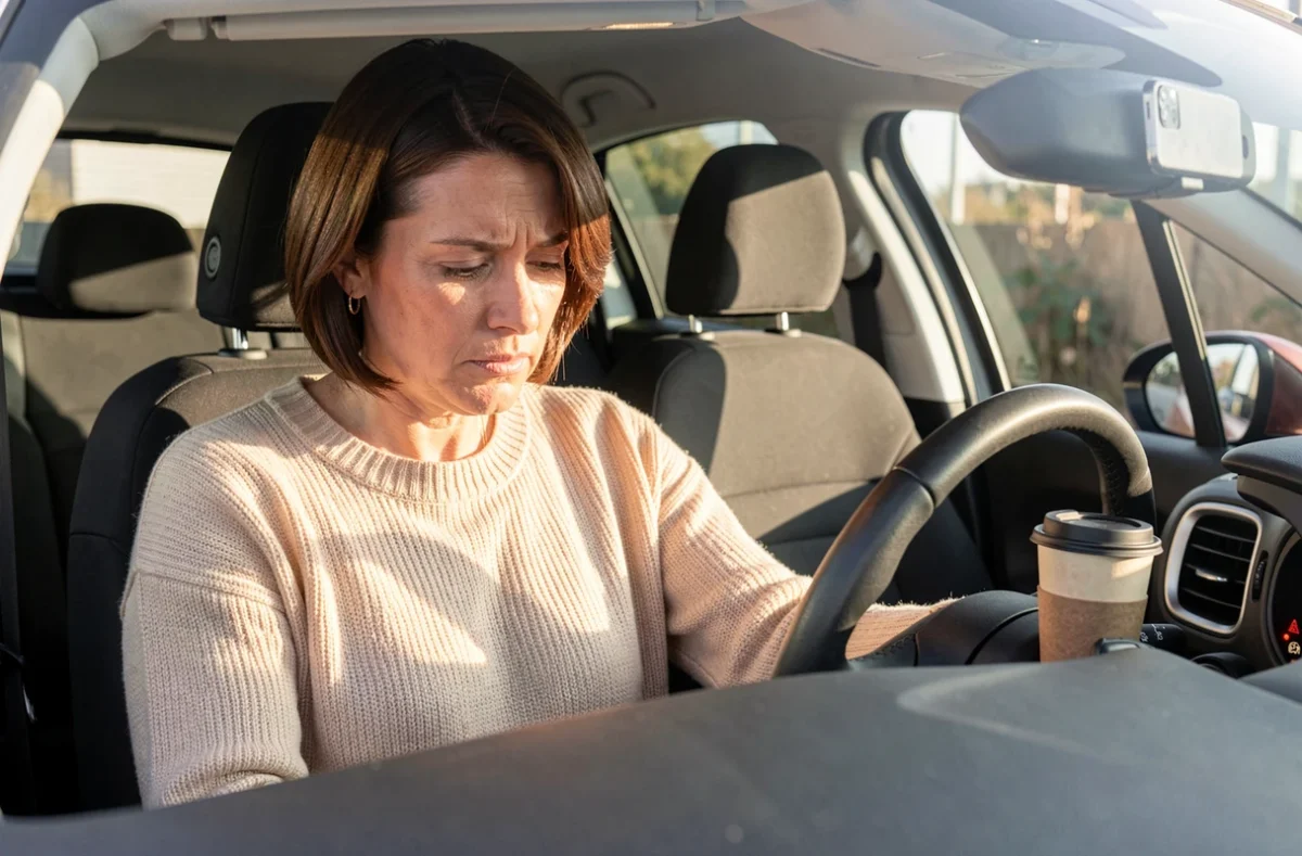 Conductrice préoccupée par un voyant allumé sur le tableau de bord de sa Citroën C3 après une révision