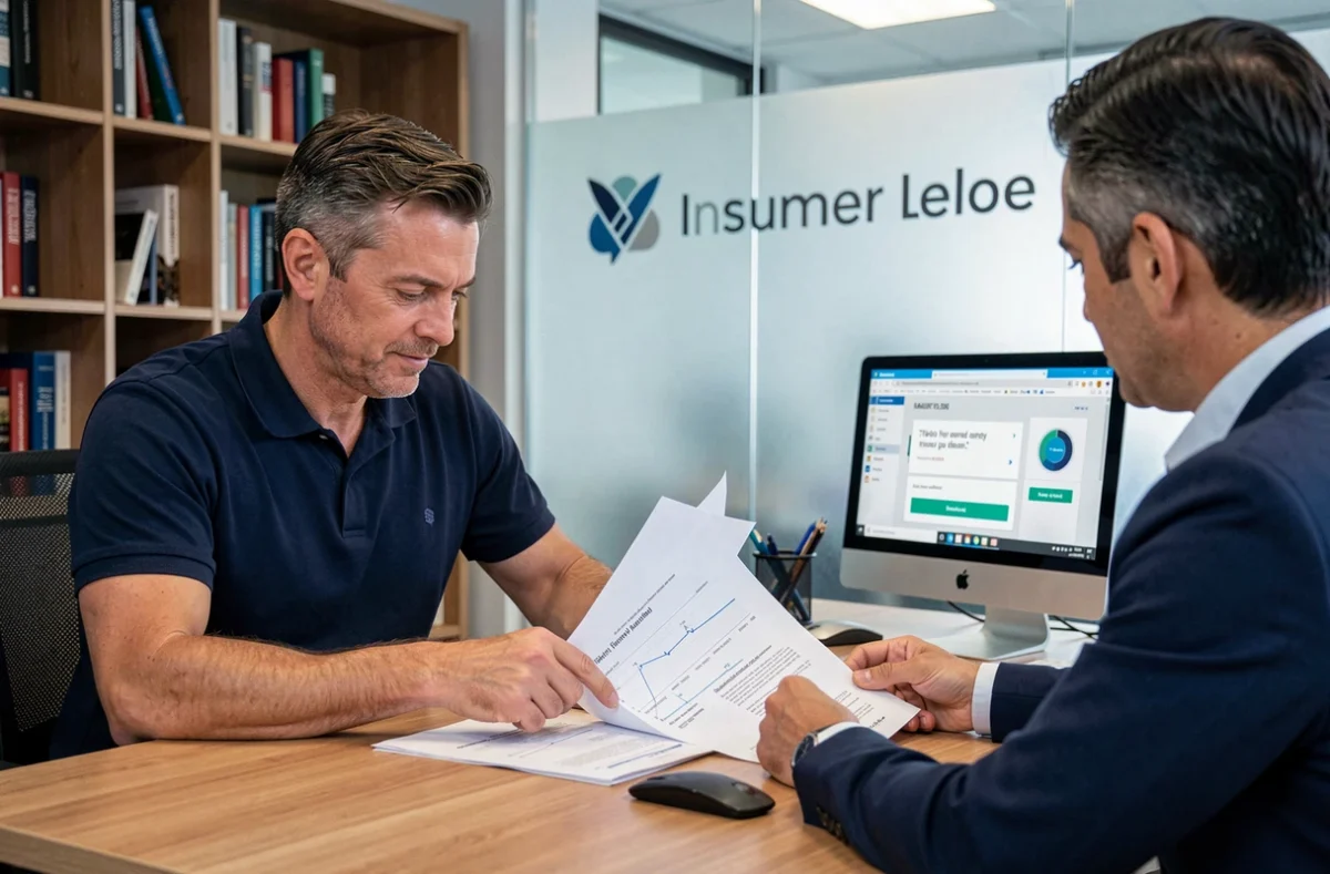 Un homme discutant d'une estimation de tarif d'assurance auto avec un conseiller dans un bureau professionnel