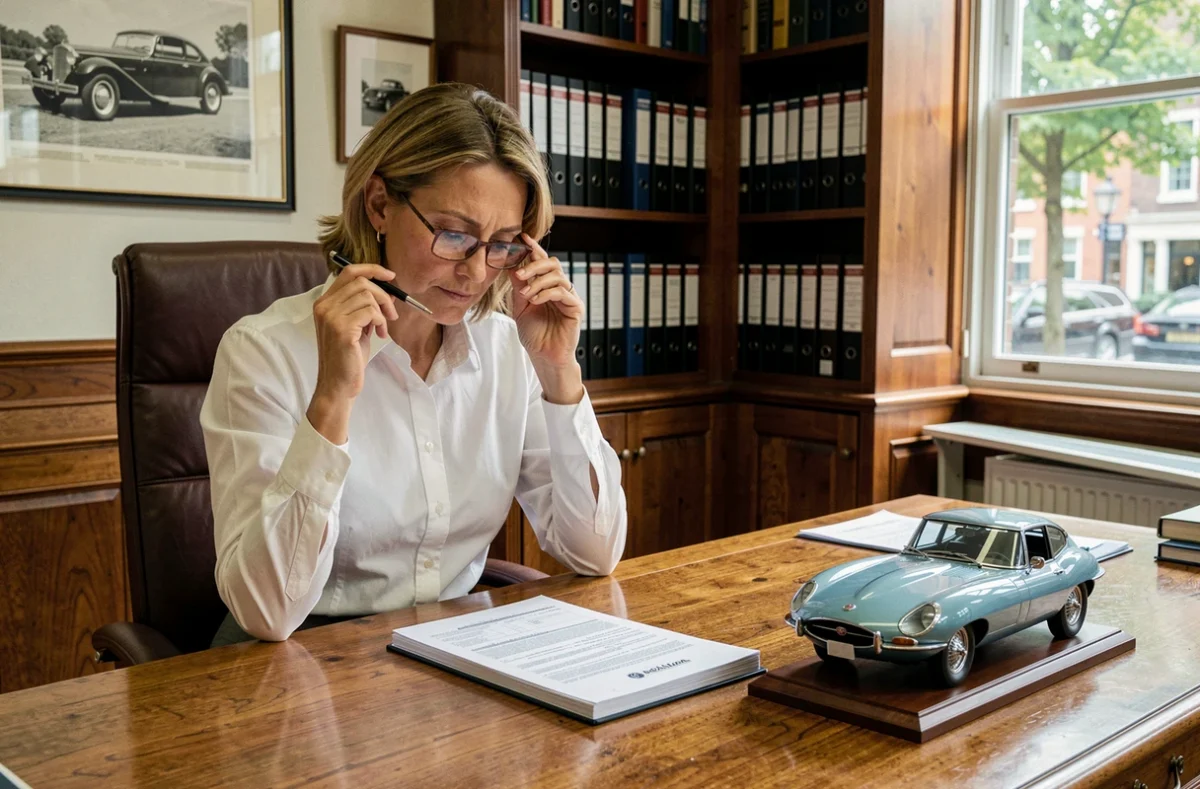 Conseillère en assurance étudiant un contrat pour voiture de collection à côté d'un modèle réduit de Jaguar E-Type dans un bureau élégant