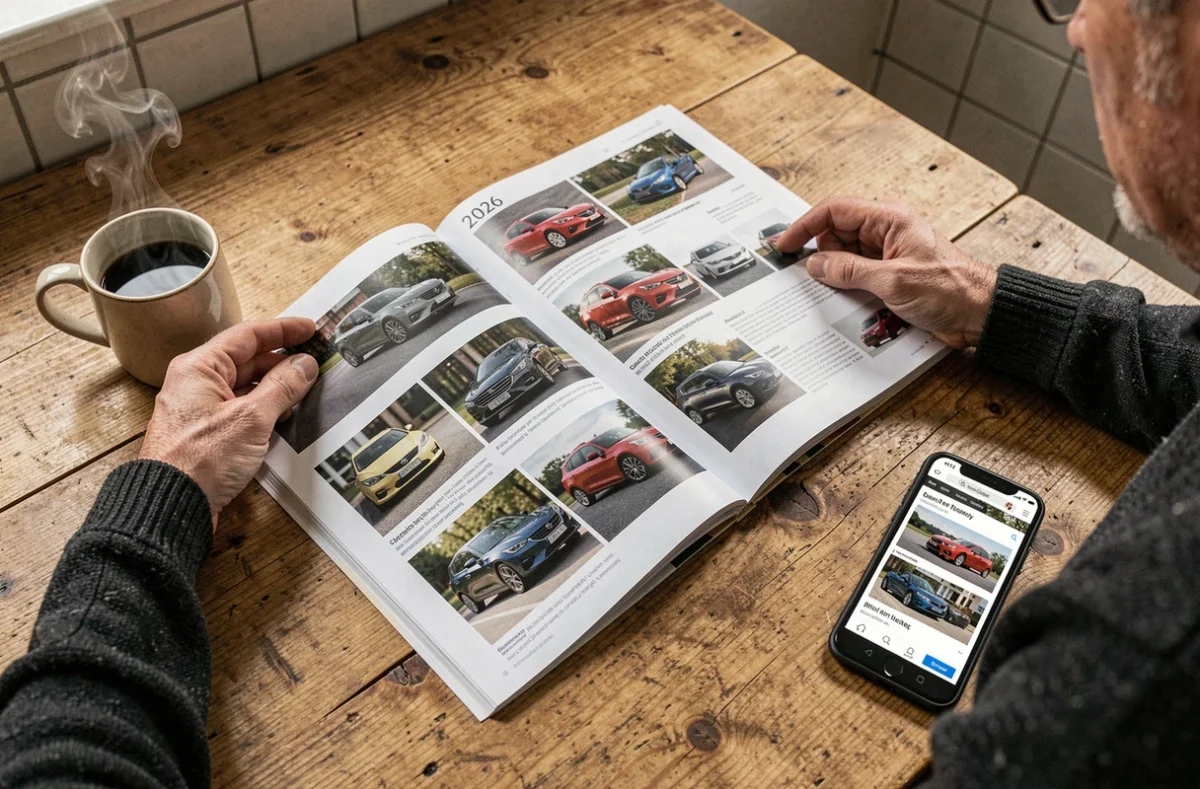 Homme consultant le catalogue des nouveautés automobiles 2026 autour d'un café à la maison
