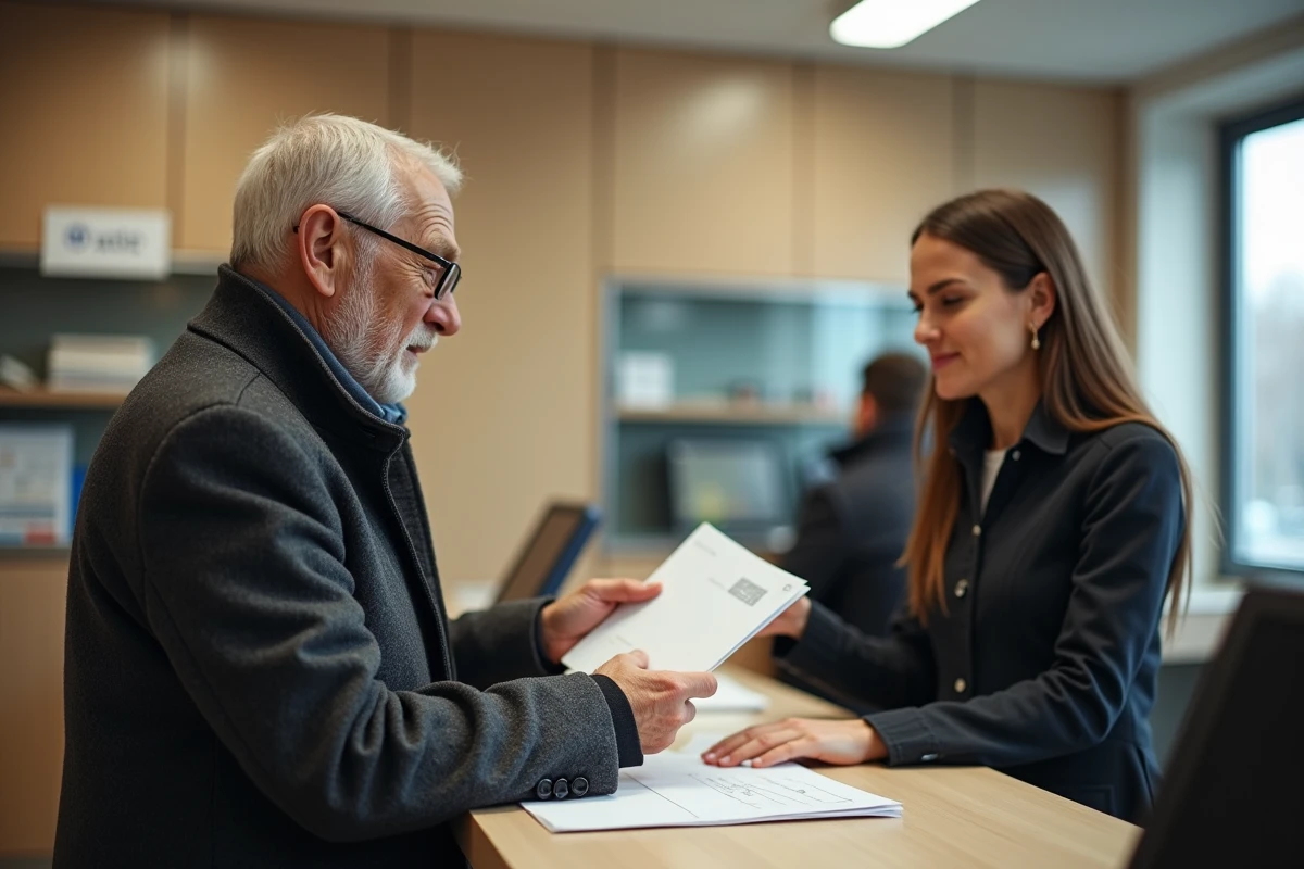Homme déposant un courrier de contestation d'amende au guichet d'un bureau de poste