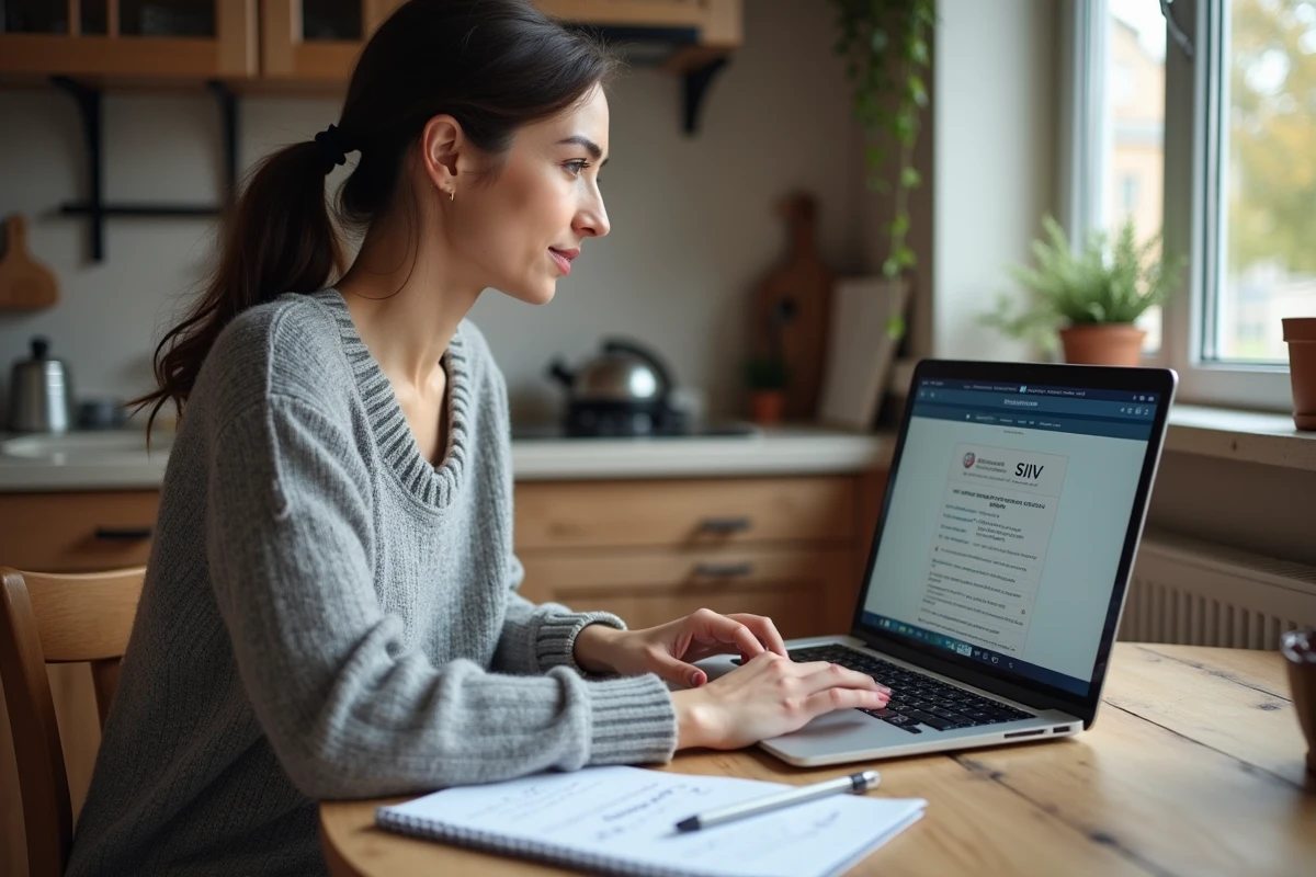 Femme contestant une amende en ligne via le Système d'Immatriculation des Véhicules sur son ordinateur portable