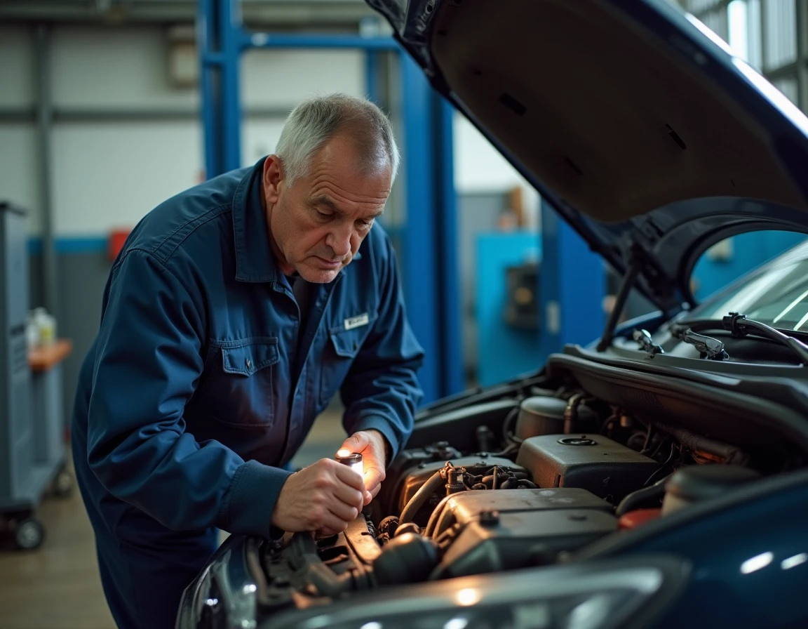 Mécanicien professionnel contrôlant le moteur d'une voiture d'occasion dans un garage automobile