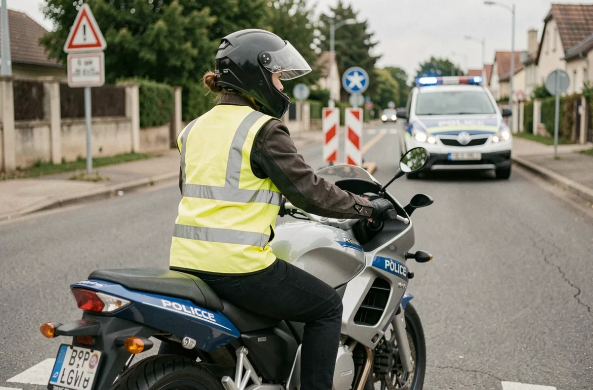 Motarde portant un gilet jaune réglementaire lors d'un contrôle de police sur une route de banlieue, représentant les risques d'amende en cas d'oubli du gilet moto en 2026