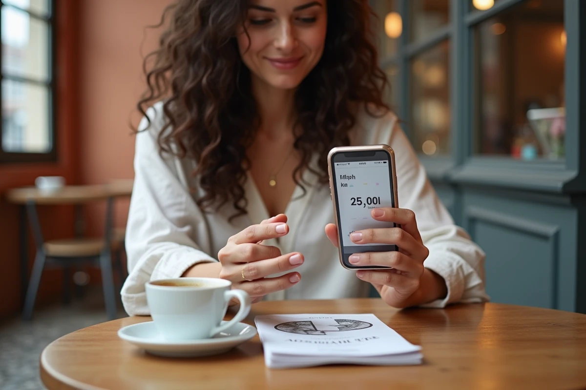 Femme utilisant une application de conversion miles en kilomètres sur smartphone dans un café européen