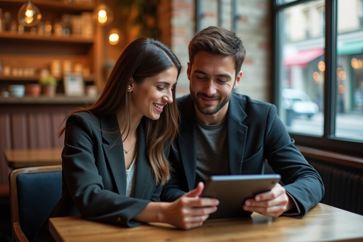 Jeune couple discutant de voitures dans un café parisien