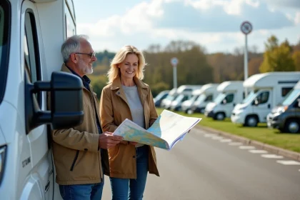 Couple avec camping-car planifiant leur route en France
