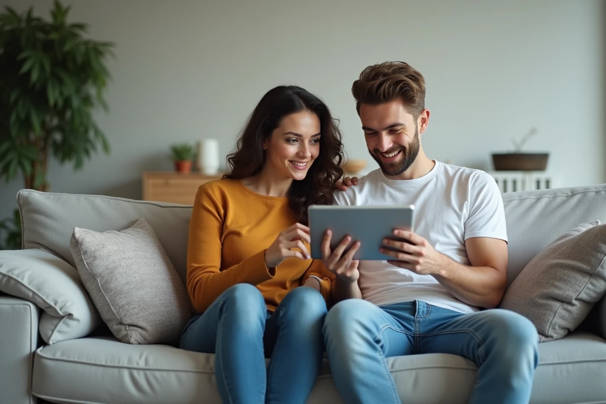 Couple de jeunes conducteurs consultant ensemble un site d'information sur le permis à points sur une tablette