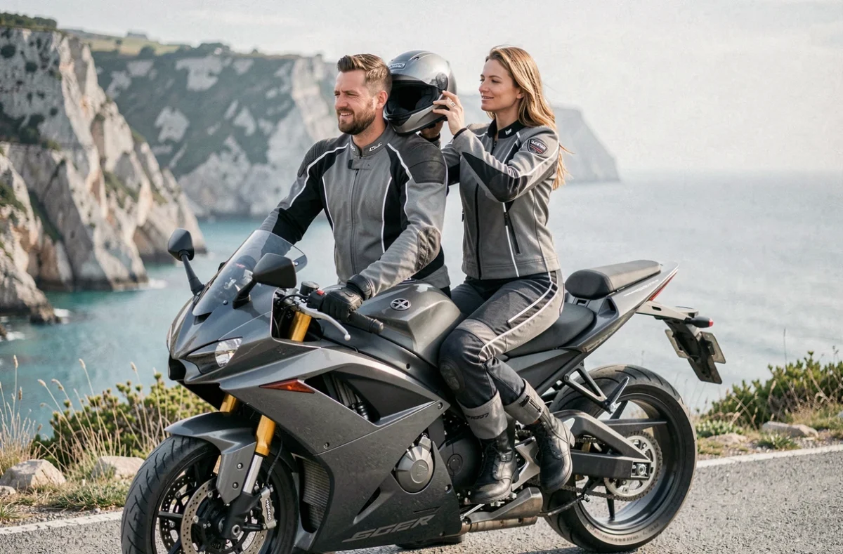 Couple de motards préparant leur équipement sur une route côtière avec falaises et mer turquoise en arrière-plan, moto sportive style Top Gun