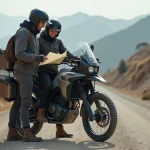 Couple de motards équipés consultant une carte sur un trail chargé de bagages à un col de montagne