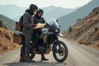 Couple de motards équipés consultant une carte sur un trail chargé de bagages à un col de montagne