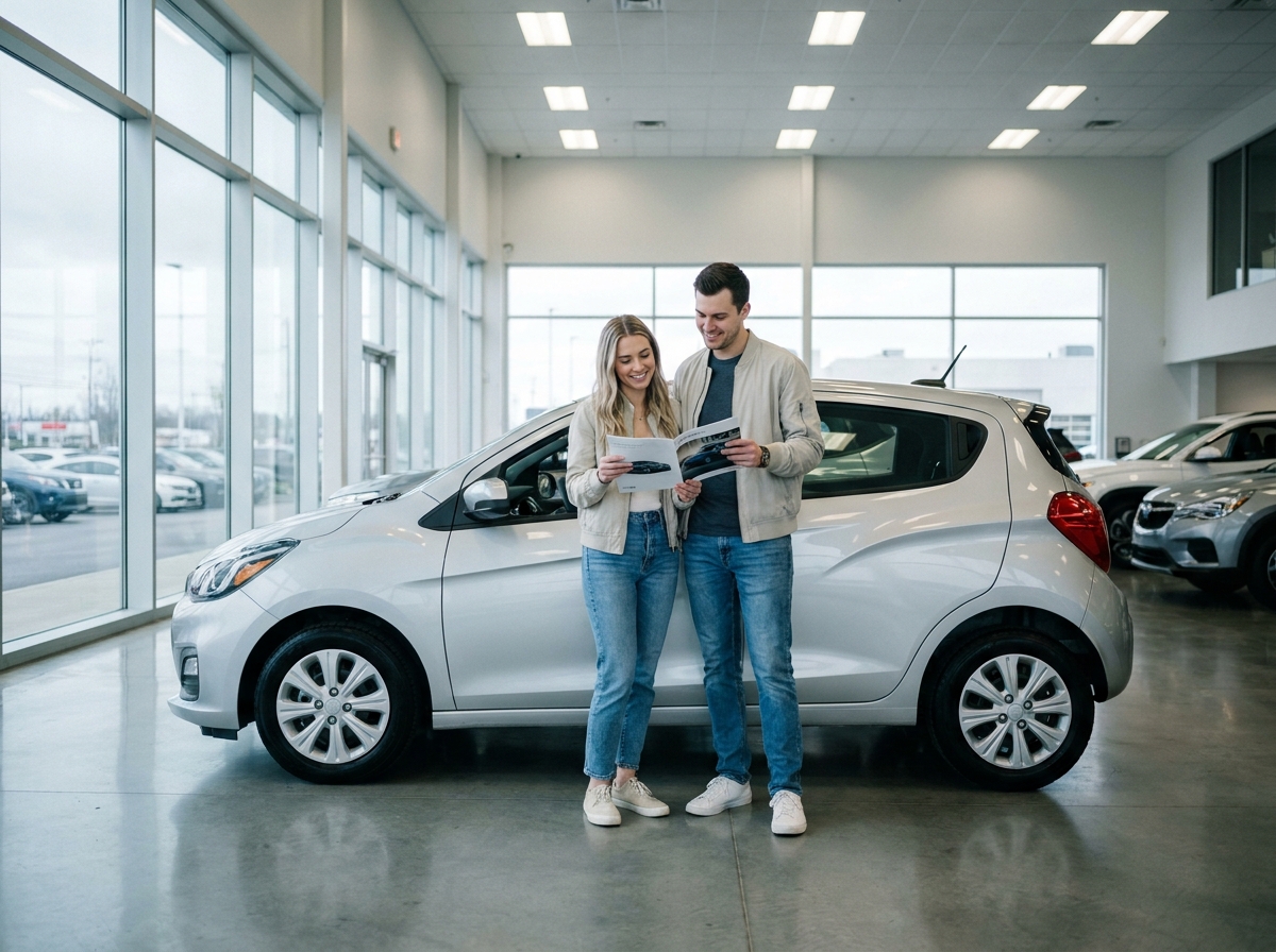Jeune couple dans un showroom automobile examinant une brochure d'assurance pour une petite voiture compacte