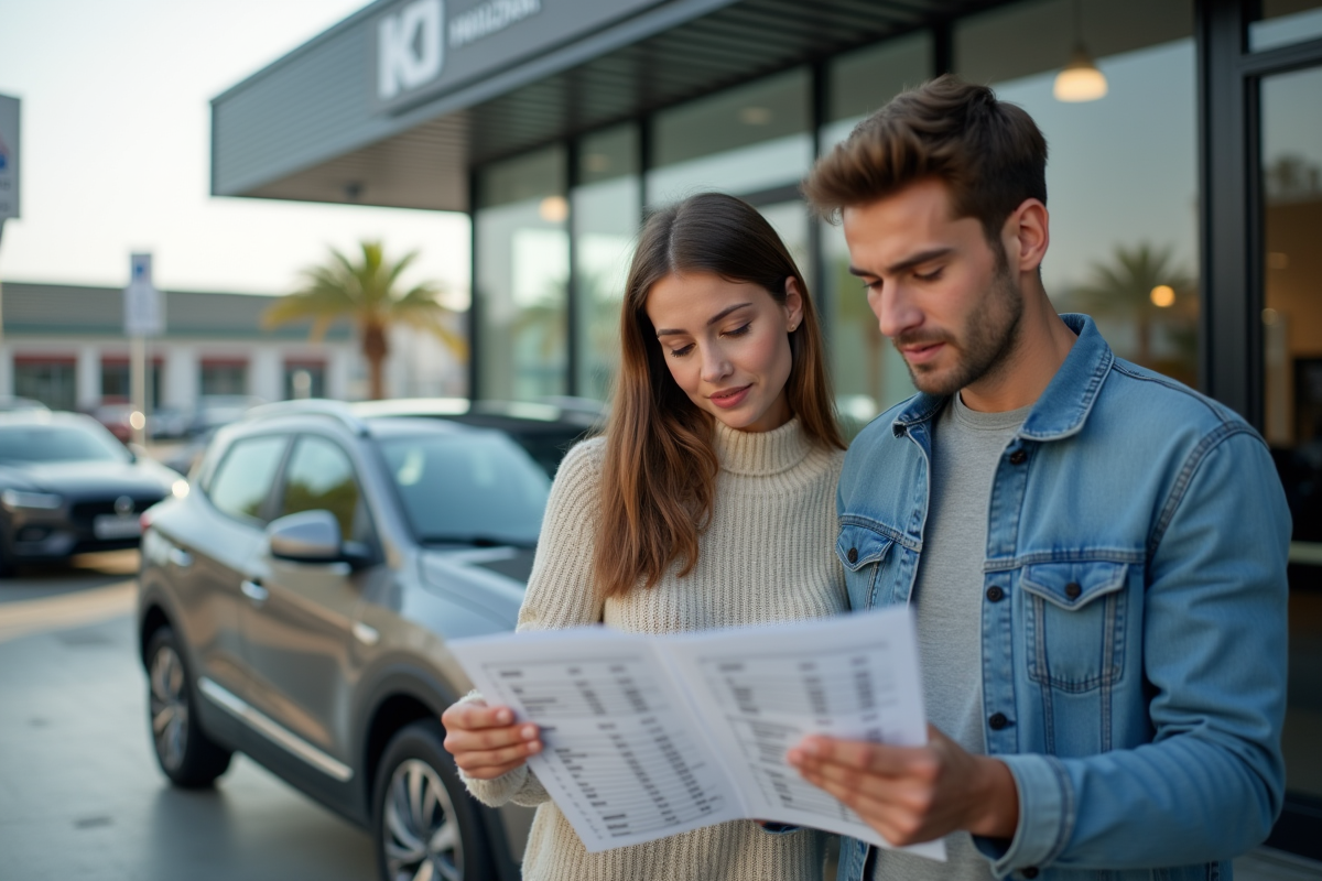 Jeune couple examinant une voiture compacte devant la concession