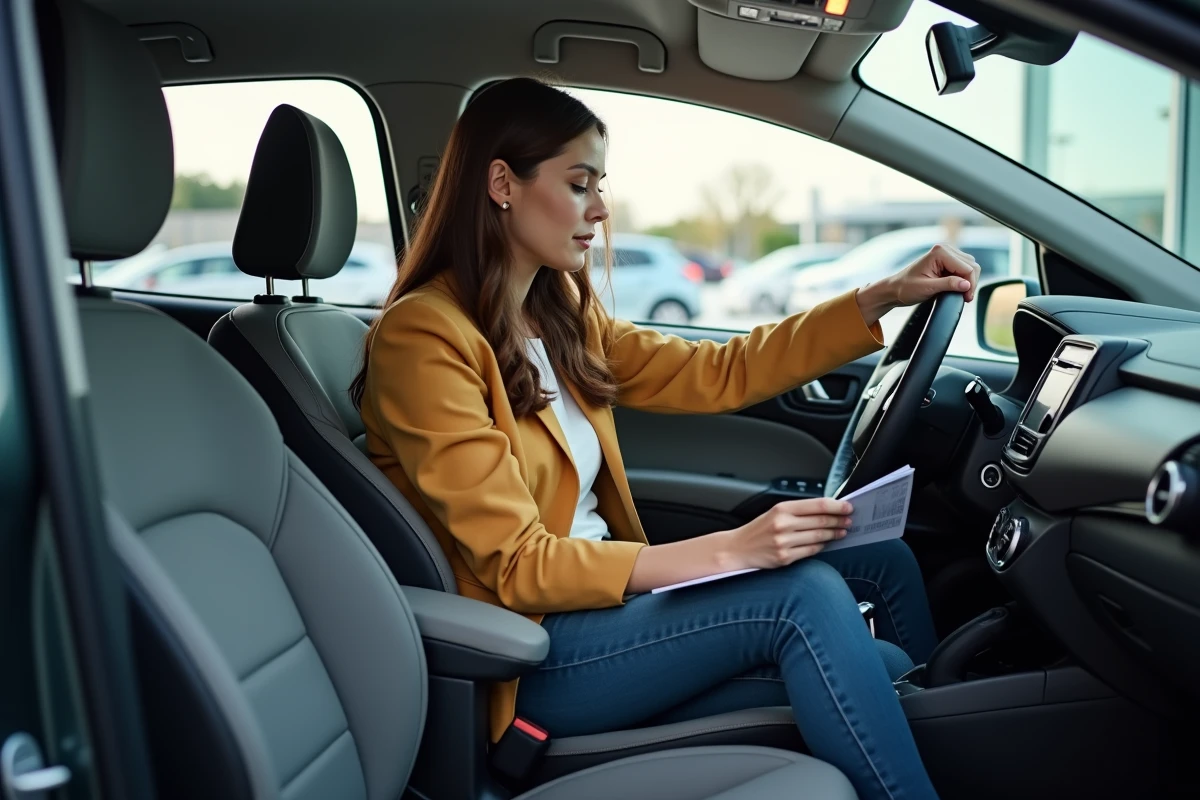 Jeune couple dans une voiture en showroom moderne