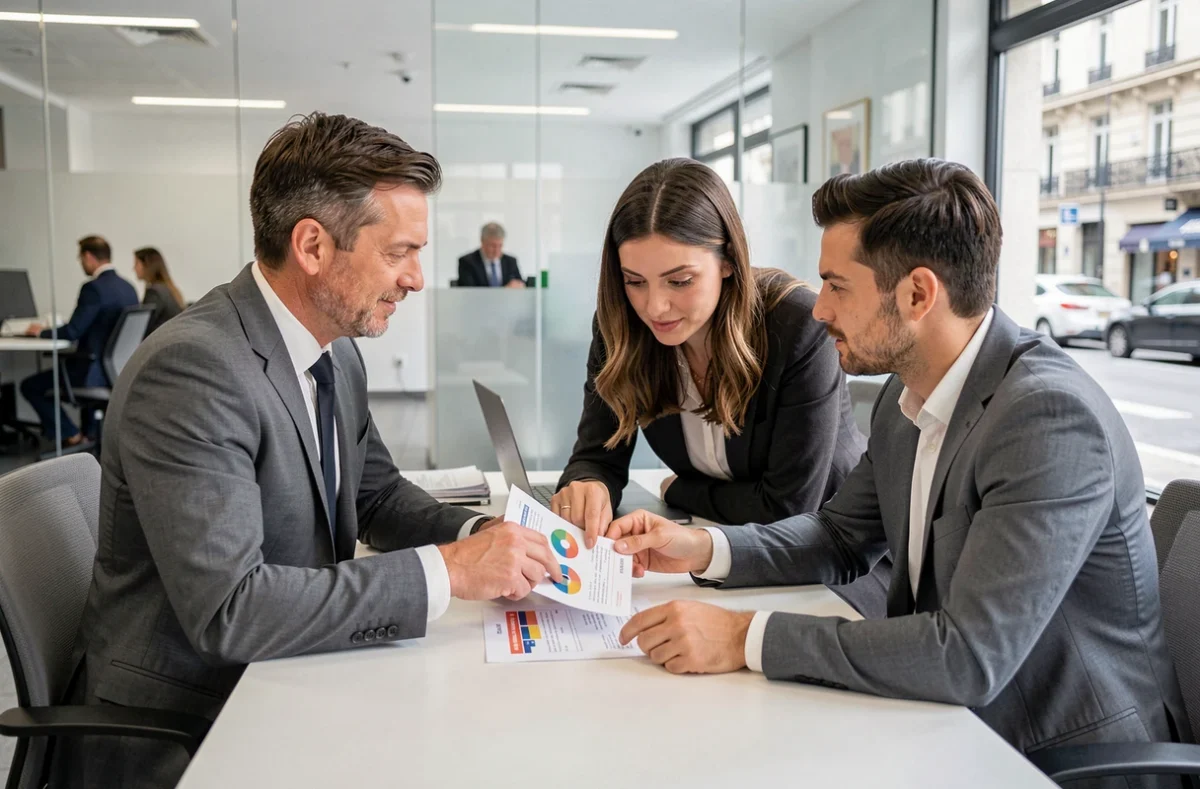 Courtier en assurance présentant une comparaison d'offres auto à un couple dans une agence parisienne