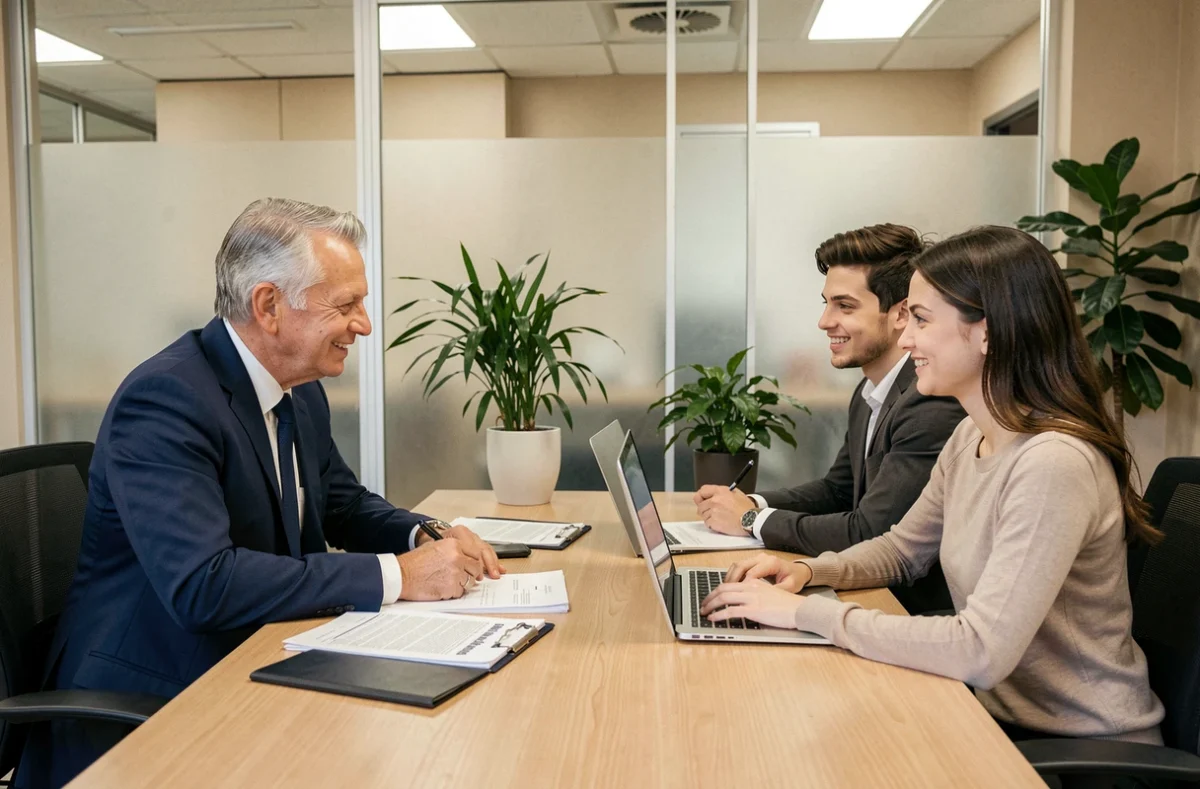 Courtier en assurance présentant les tarifs d'assurance automobile à un couple dans un bureau professionnel