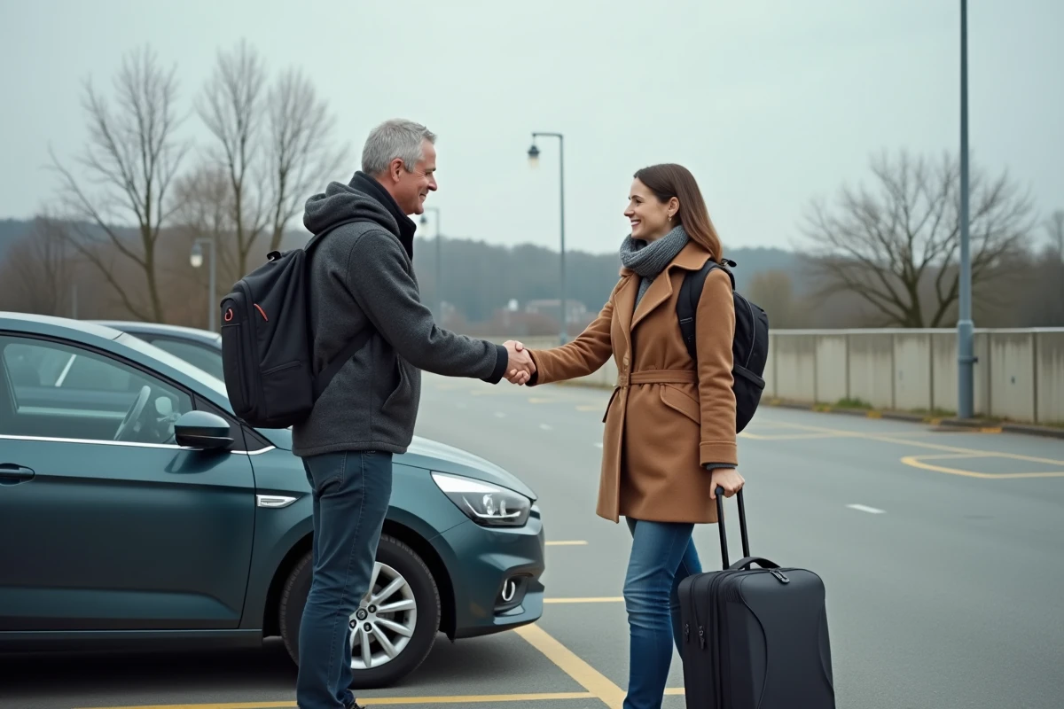 Deux covoitureurs se retrouvant sur le parking de covoiturage Vinci Autoroutes de La Chapelle Saint Mesmin