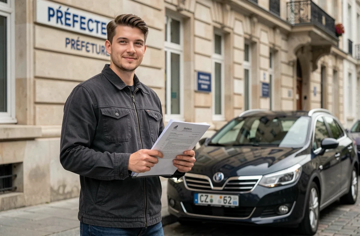 Homme tenant des documents administratifs devant une préfecture française avec une voiture à plaque tchèque CZ