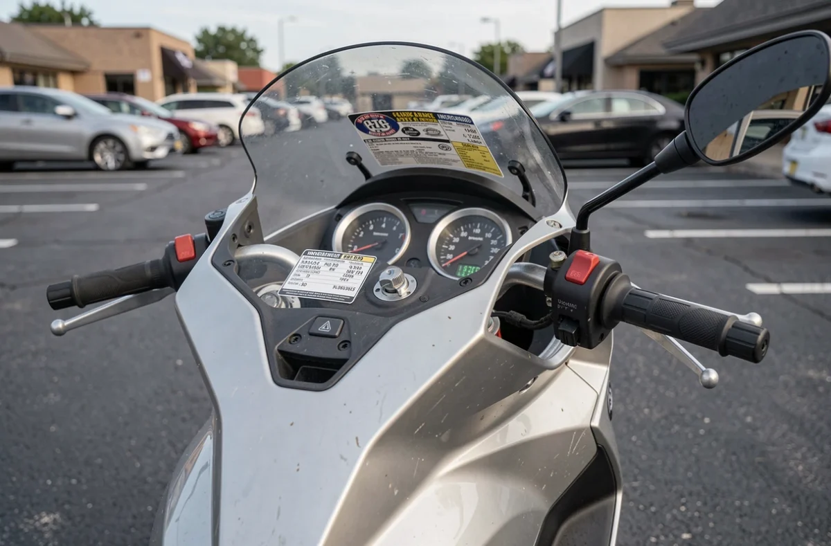 Gros plan sur le tableau de bord et l'autocollant d'assurance d'un scooter 125cc dans un parking