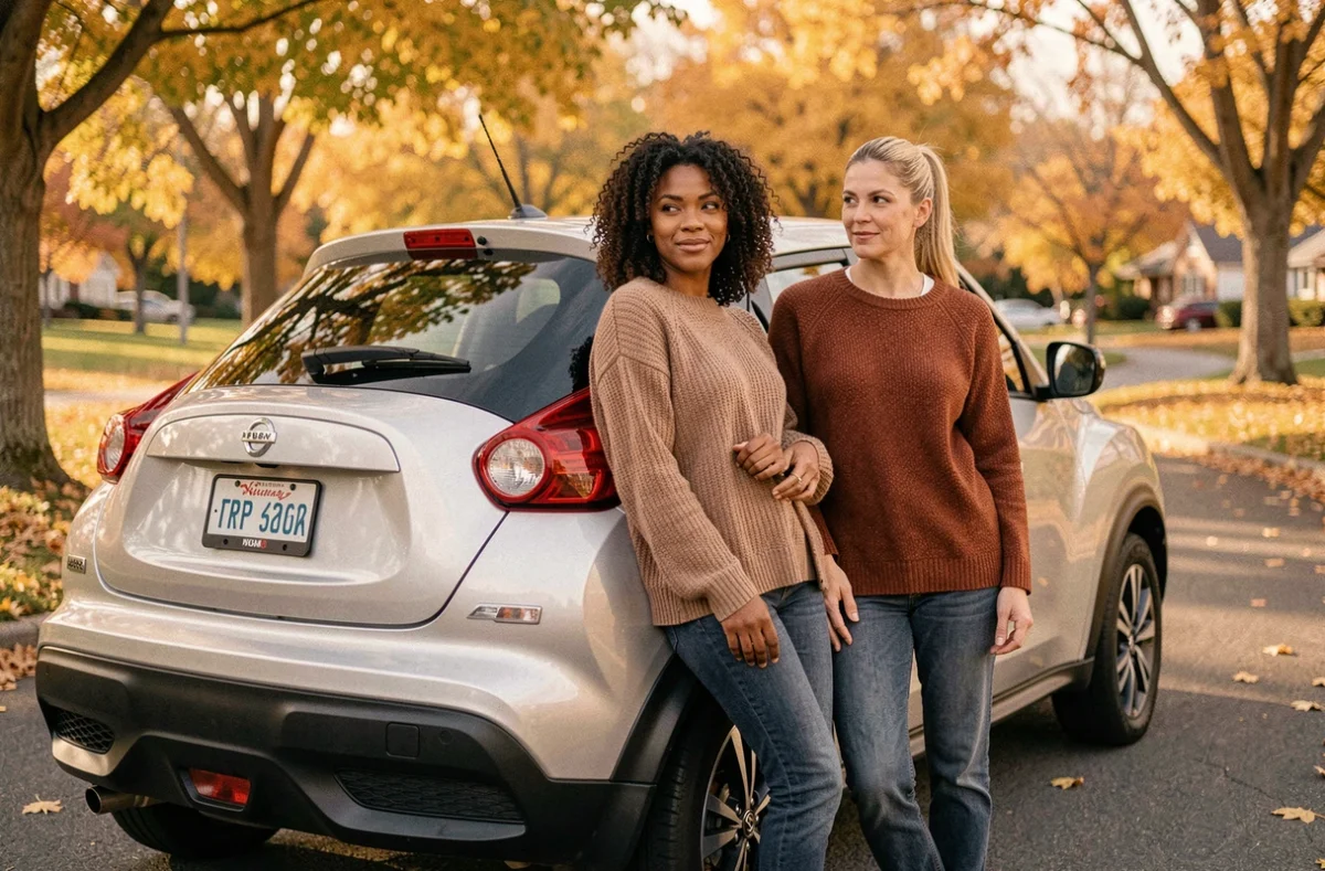 Deux conductrices discutant à l'arrière d'une Nissan Juke en automne, avis féminin SUV