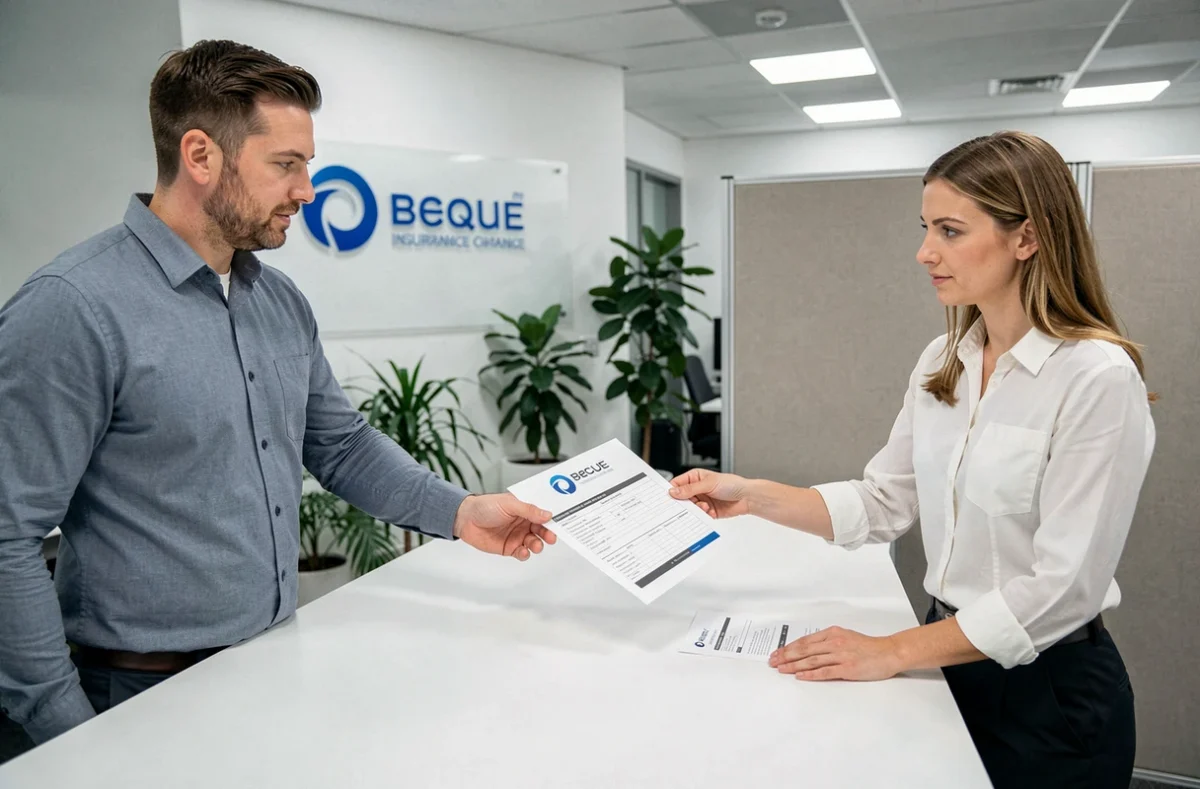 Couple en agence d'assurance examinant un devis d'assurance scooter low cost avec un conseiller