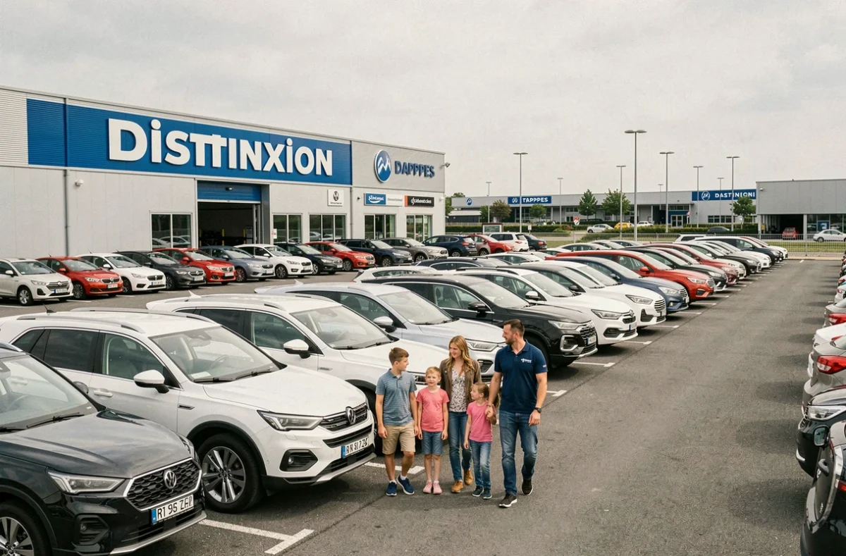 Centre Distinxion à Trappes avec un large choix de voitures d'occasion multimarques et un vendeur accompagnant une famille