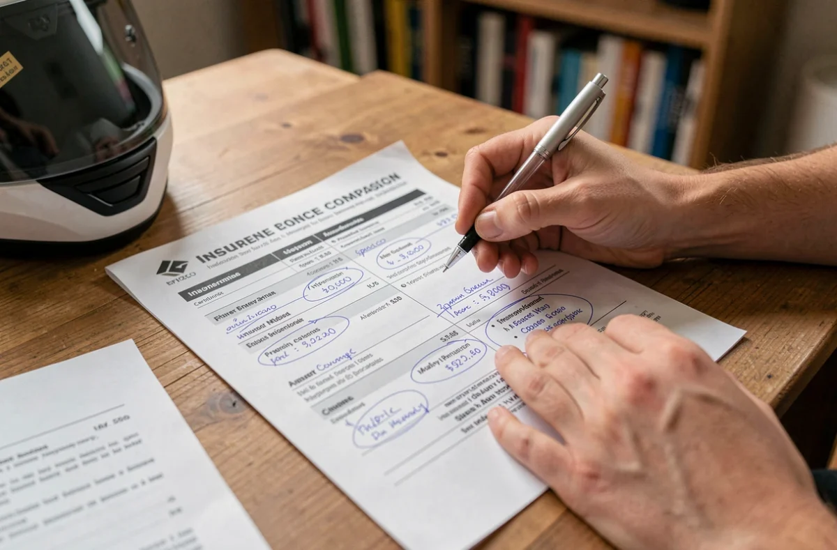 Mains annotant un document de comparaison d'assurance moto 125 avec un stylo sur un bureau