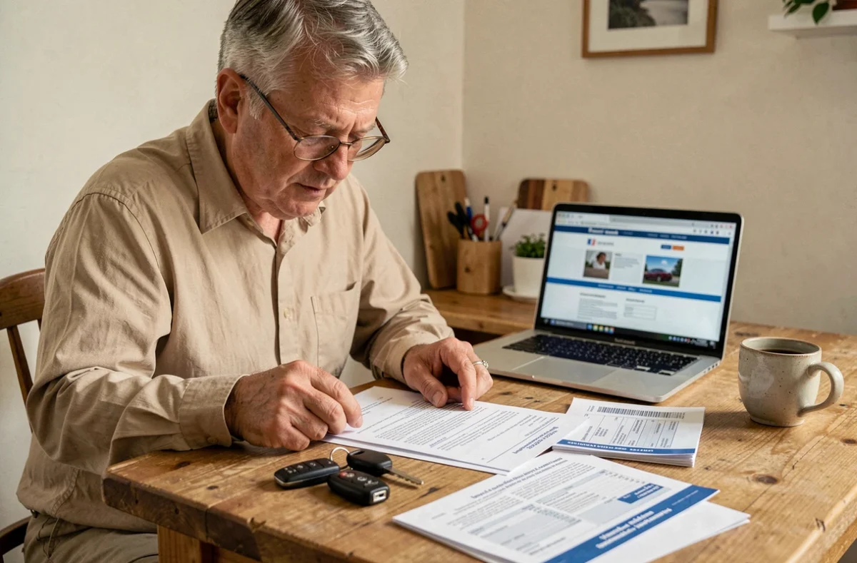 Homme d'âge mûr consultant les documents administratifs requis pour obtenir une voiture sans permis