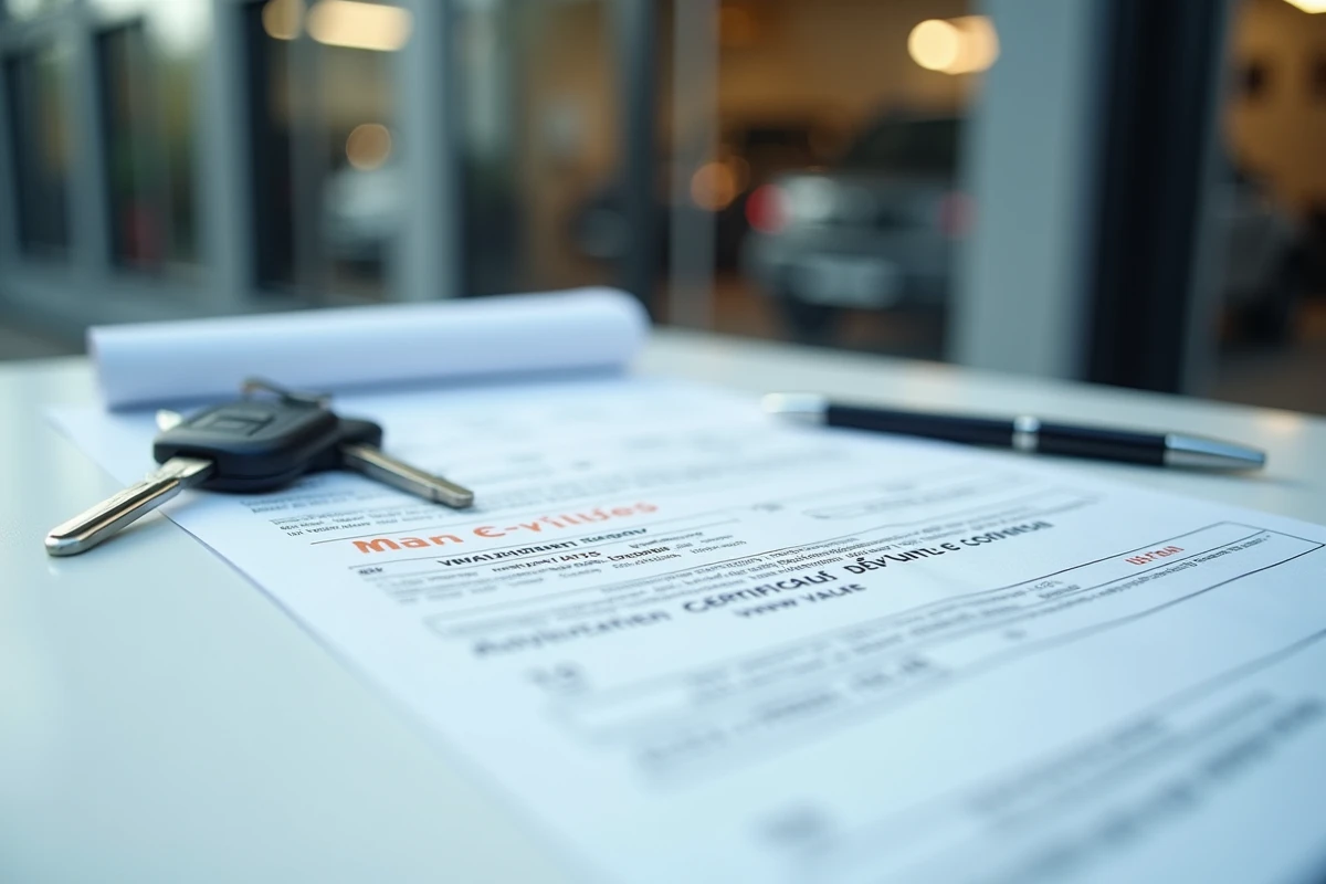 Documents officiels de carte grise et certificat d'habilitation ANTS posés sur un bureau de garage avec des clés de voiture