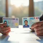 Vue rapprochee de cartes d'identite et permis de conduire