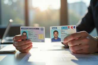 Vue rapprochee de cartes d'identite et permis de conduire