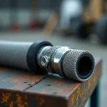 Gros plan d'une durite aviation tressée en acier inoxydable avec raccord hydraulique sur établi de hangar
