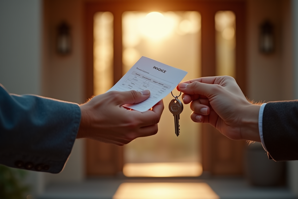 Main échangeant des clés et une facture devant une maison ensoleillée