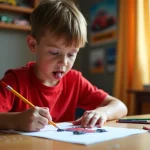 Enfant dessinant une voiture de course sur papier avec des crayons de couleur à son bureau