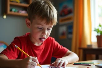 Enfant dessinant une voiture de course sur papier avec des crayons de couleur à son bureau