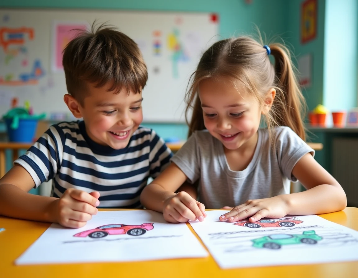 Deux enfants comparant leurs dessins de voitures de course dans une salle de classe artistique