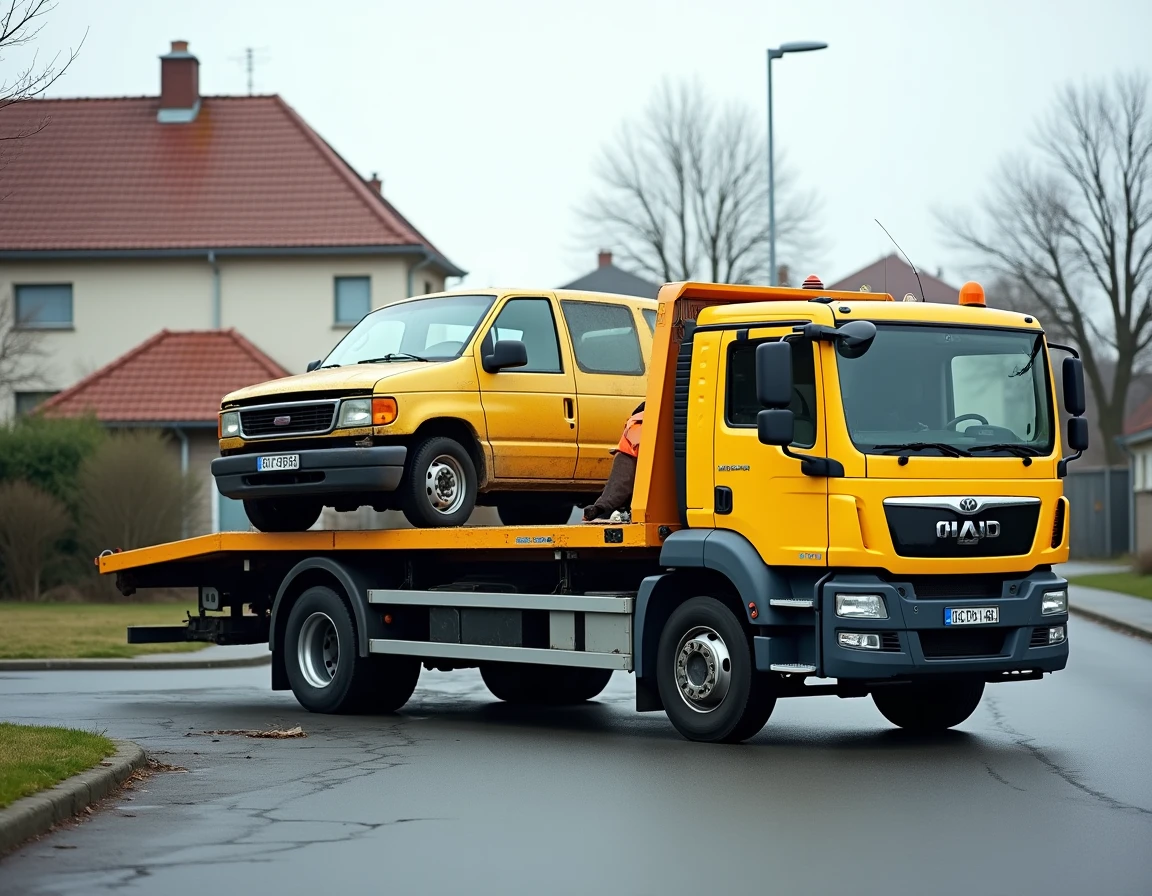 Camion de remorquage chargeant un véhicule hors d'usage VHU dans une rue de l'Essonne pour enlèvement par une casse automobile