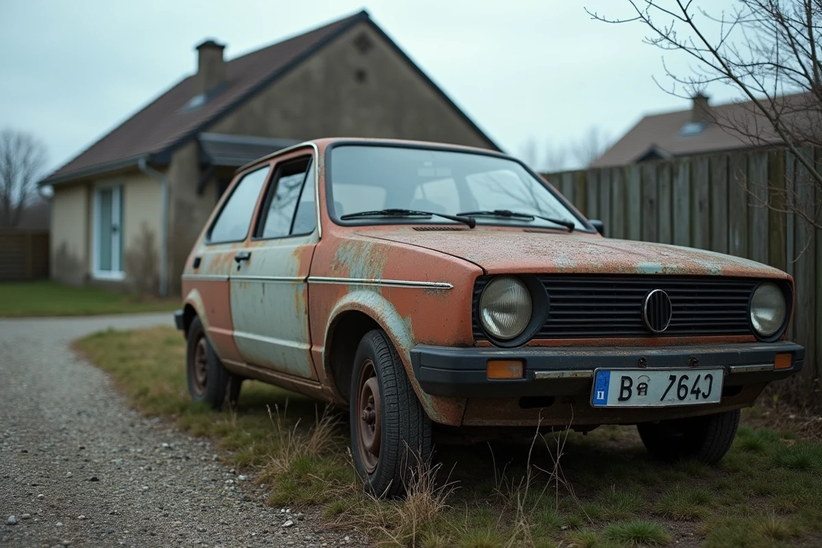 Épave de voiture rouillée abandonnée dans une propriété privée en Normandie avant enlèvement gratuit