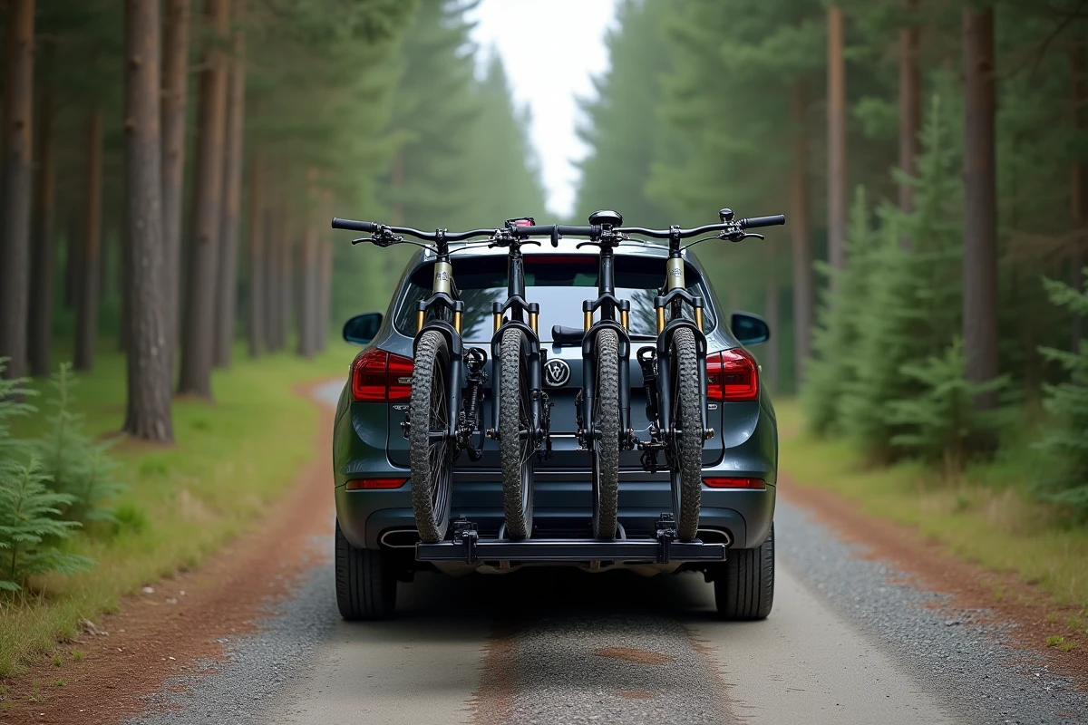 Quatre vélos mal chargés sur un porte-vélo attelage 4 places au dos d'un SUV garé en forêt