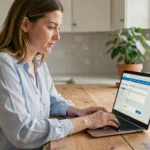 Femme utilisant un ordinateur portable pour obtenir une estimation du prix de son assurance auto en ligne
